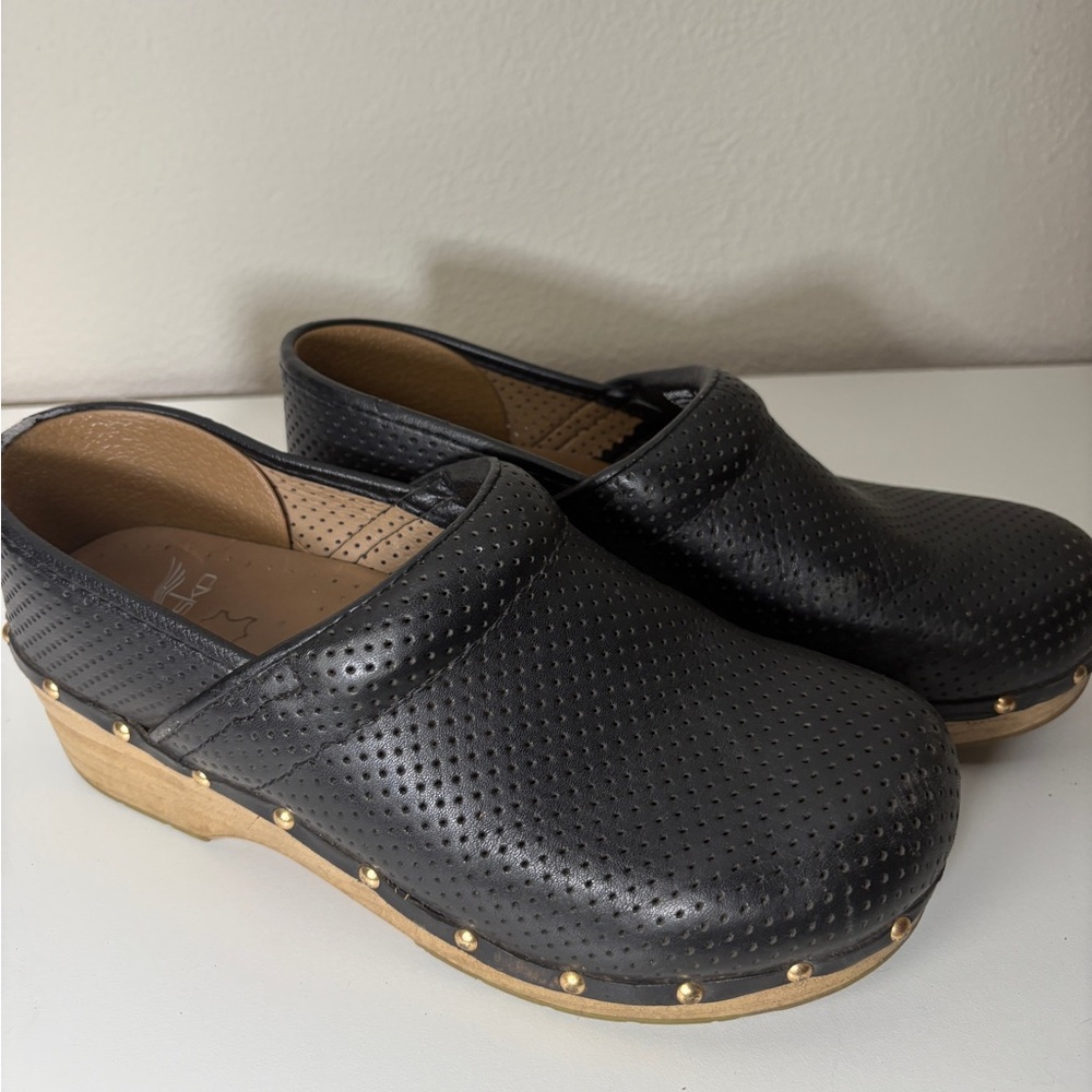 Dansko Black Perforated Studded Clogs with Wooden Sole Size 39